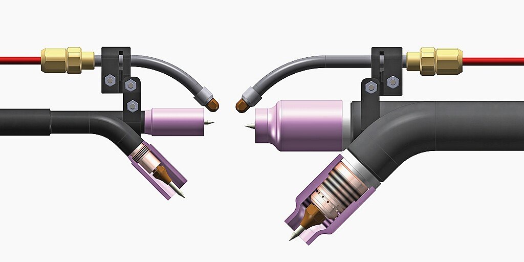 Bei diesen neu konstruierten WIG-Automaten-Schweißbrennern wird die Elektrode durch Ein- und Ausschrauben gewechselt. © Dinse