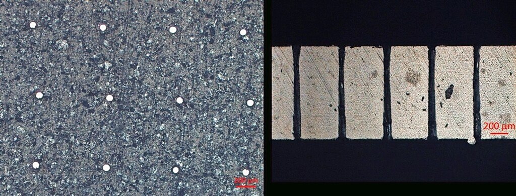 Ansicht der Mikrobohrungen mit Durchlicht (links) und Längsschnitt der Bohrungen (rechts). ©  Fraunhofer ILT, Aachen.