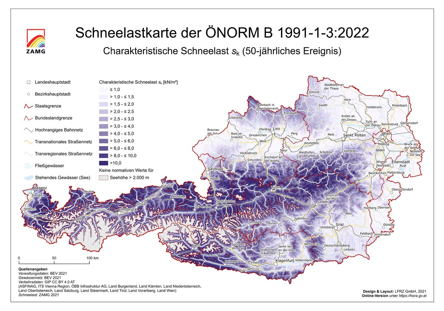 Charakteristische Schneelast sk für ein 50-jährliches Ereignis. © ASI, ÖNorm B 1991-1-3:2022