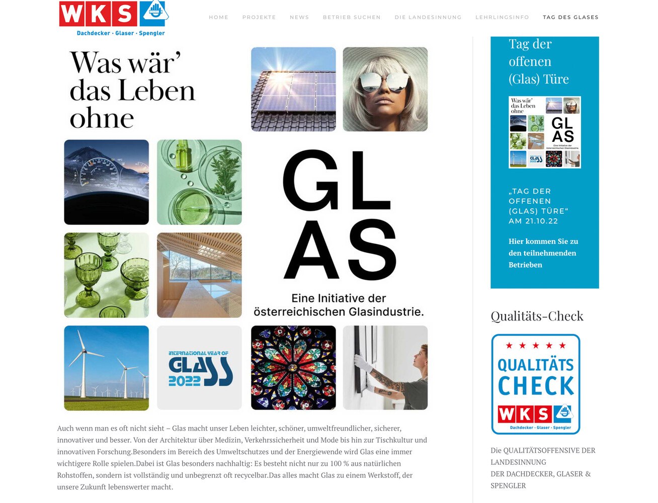 Die Landesinnung Salzburg bewirbt den Tag des Glases online und verlinkt zu den teilnehmenden Glaserbetrieben. © LI Slbg. DGS