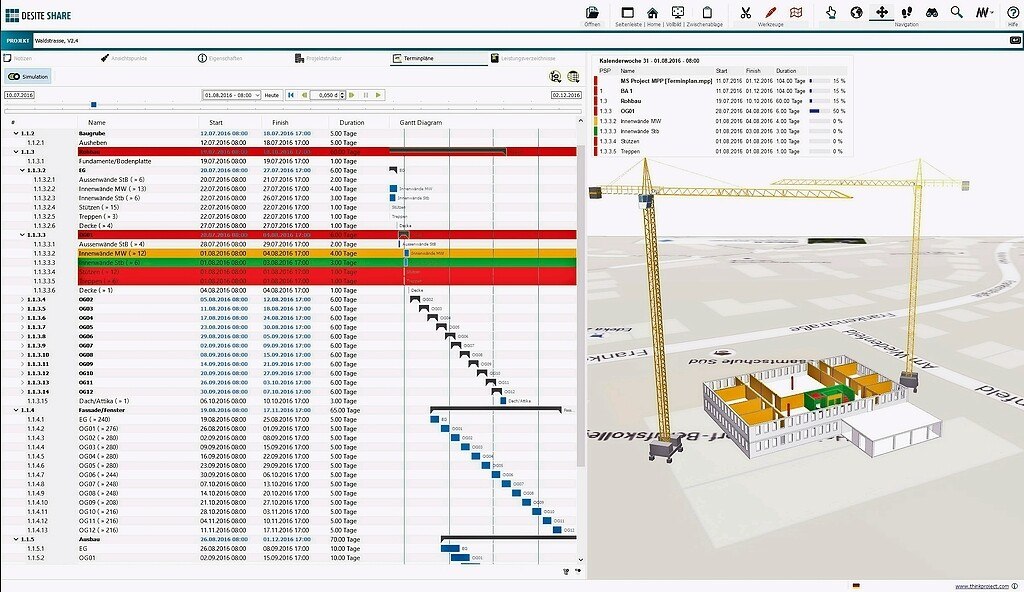 Wird das dreidimensionale BIM-Modell um die vierte Dimension Zeit erweitert (4D BIM), kann der geplante Bauablauf visualisiert werden. © Thinkproject