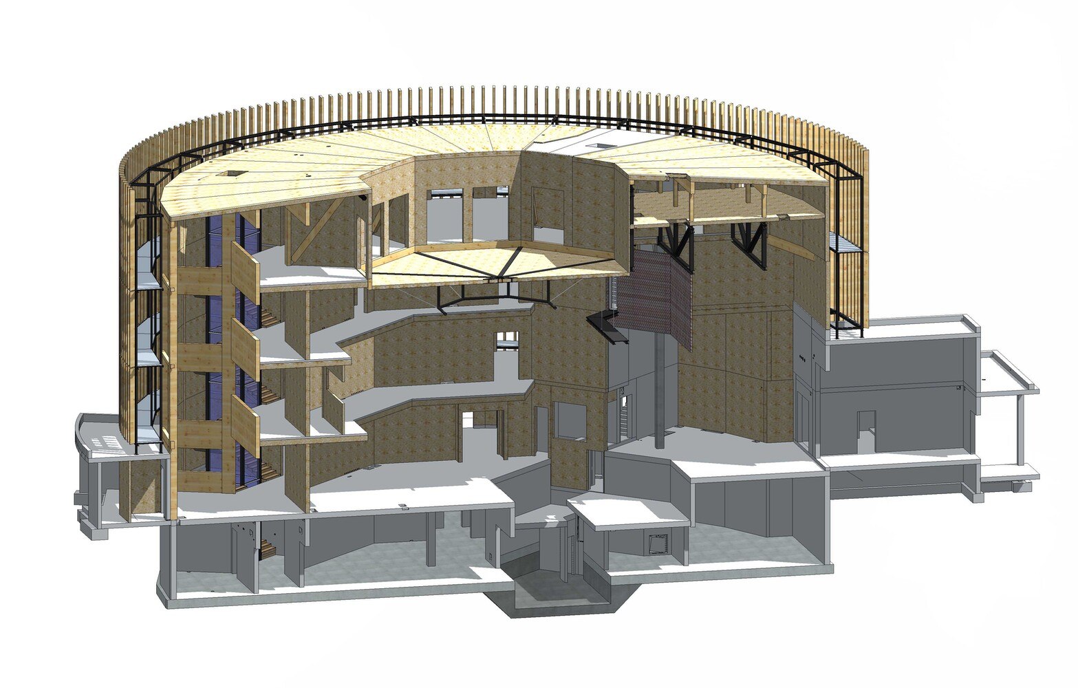 Querschnitt durch den Theaterbau, das Hauptgebäude, mit auskragenden Decken als Zuschauerränge und unterspannter Deckenkonstruktion für die Dachterrasse über dem Theatersaal. Die lichte Geschoßhöhe von 1. EG und 2. OG beträgt 3,77 m. Die Decke über dem 2. OG kragt 3,18 m bis zur unterspannten Terrassendecke aus. © Ingenieurgruppe Knörnschild & Kollegen GmbH