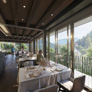 Auf dem Dach des neu errichteten Untergeschoßes entstanden das Restaurant und die Terrasse mit Ybbs-Blick. © Georg Hofbauer