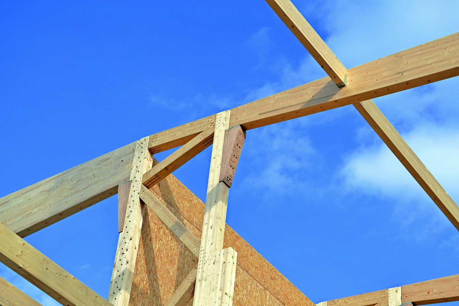 Anschluss-Detail: Baubuche-Knaggen in Kombination mit Stahlplatten-Kontaktstößen sorgen für die Lastübertragung aus den Dachbindern in die Fachwerk-Stützen. Eine oben in das Binderende eingelegte Baubuche-Platte (nicht sichtbar) dient wie ein Gabellager als Kippsicherung. © Holzhaus Fabrik GmbH