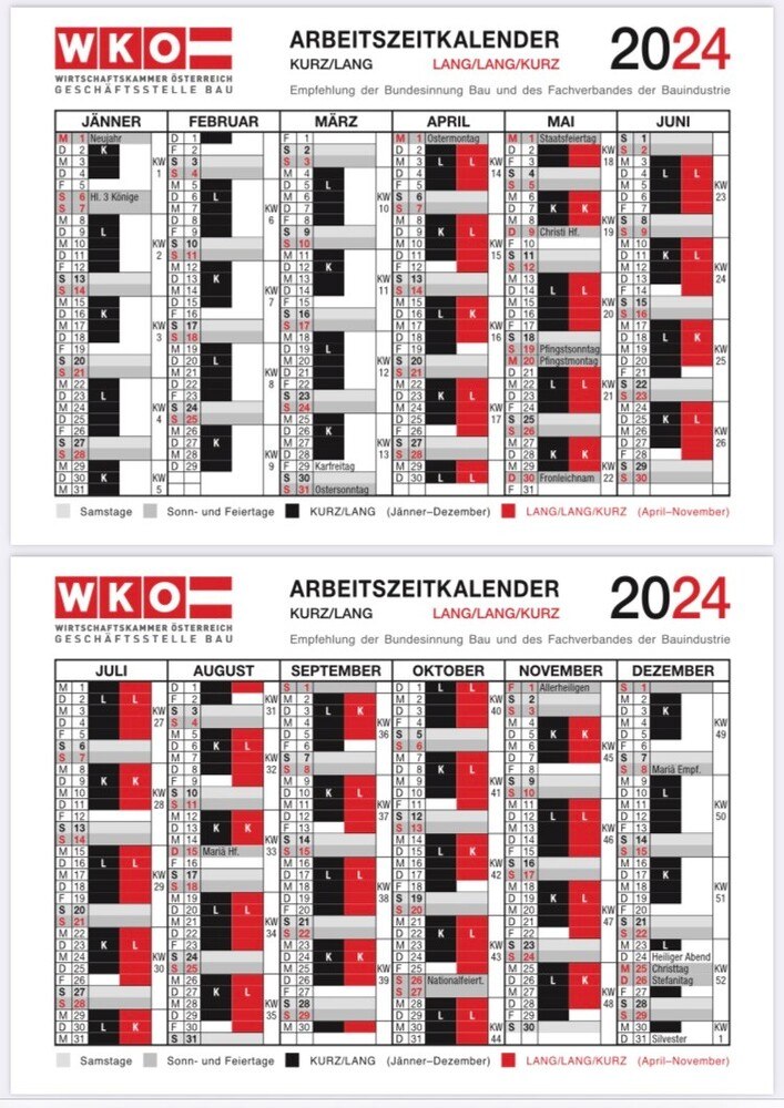 Arbeitszeitkalender 2024 © WKO