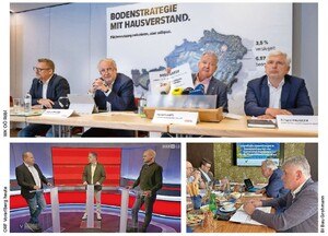 In mehreren Medien-Formaten – u.a. Pressekonferenzen, TV-Diskussionen, Hintergrundgespräche – liefern die Bauinnungen begriffliche Klarstellungen und leisten wichtige Aufklärungsarbeit beim Thema Bodenverbrauch. © WKOÖ Röbl; BI Bau Grohmann; ORF Vorarlberg heute