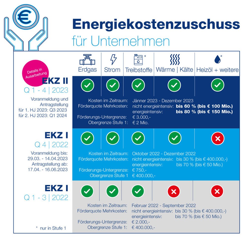 Übersicht aller Varianten des Energiekostenzuschusses. © aws Austria Wirtschaftsservice Ges mbH