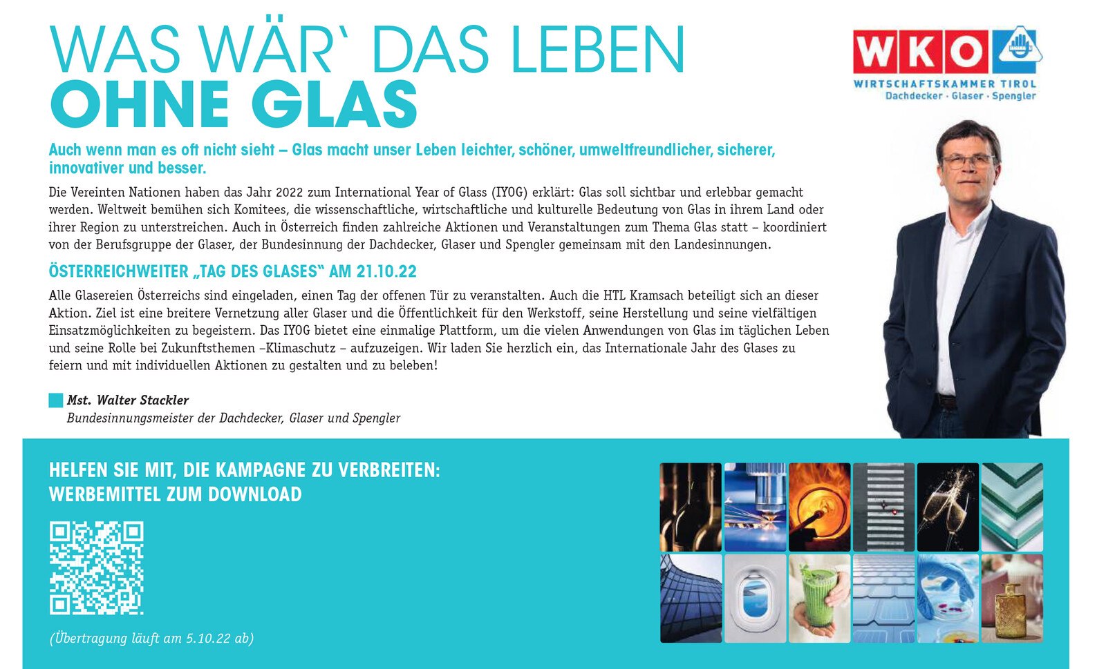 Die Tiroler Medienkampagne zum Jahr des Glases und dem österreichweiten Tag des Glases erscheint in den Bezirksblättern des Landes. © LI Tirol DGS