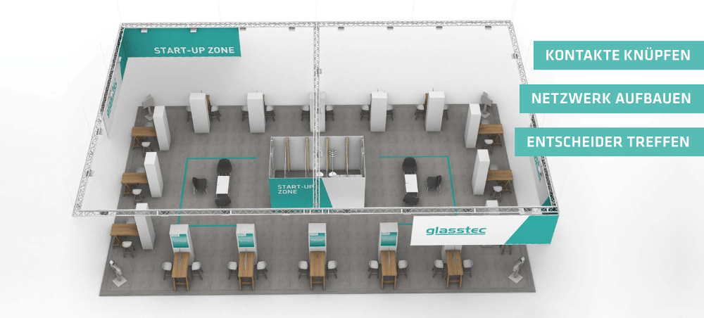 Die Start-Up Zone auf der glasstec ist ein speziell gestalteter Bereich, der sich an aufstrebende und innovative Unternehmen richtet. © Messe Düsseldorf