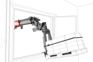 Die neue kippbare Krangabel von PALFINGER in Aktion. Seit Jänner 2025 ist die innovative Lösung für alle TEC-Ladekran-Modelle mit PALTRONIC 180 erhältlich. © PALFINGER